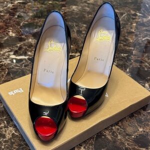 Christian Louboutin Glossy Black Peep Toe Heels with Red Soles